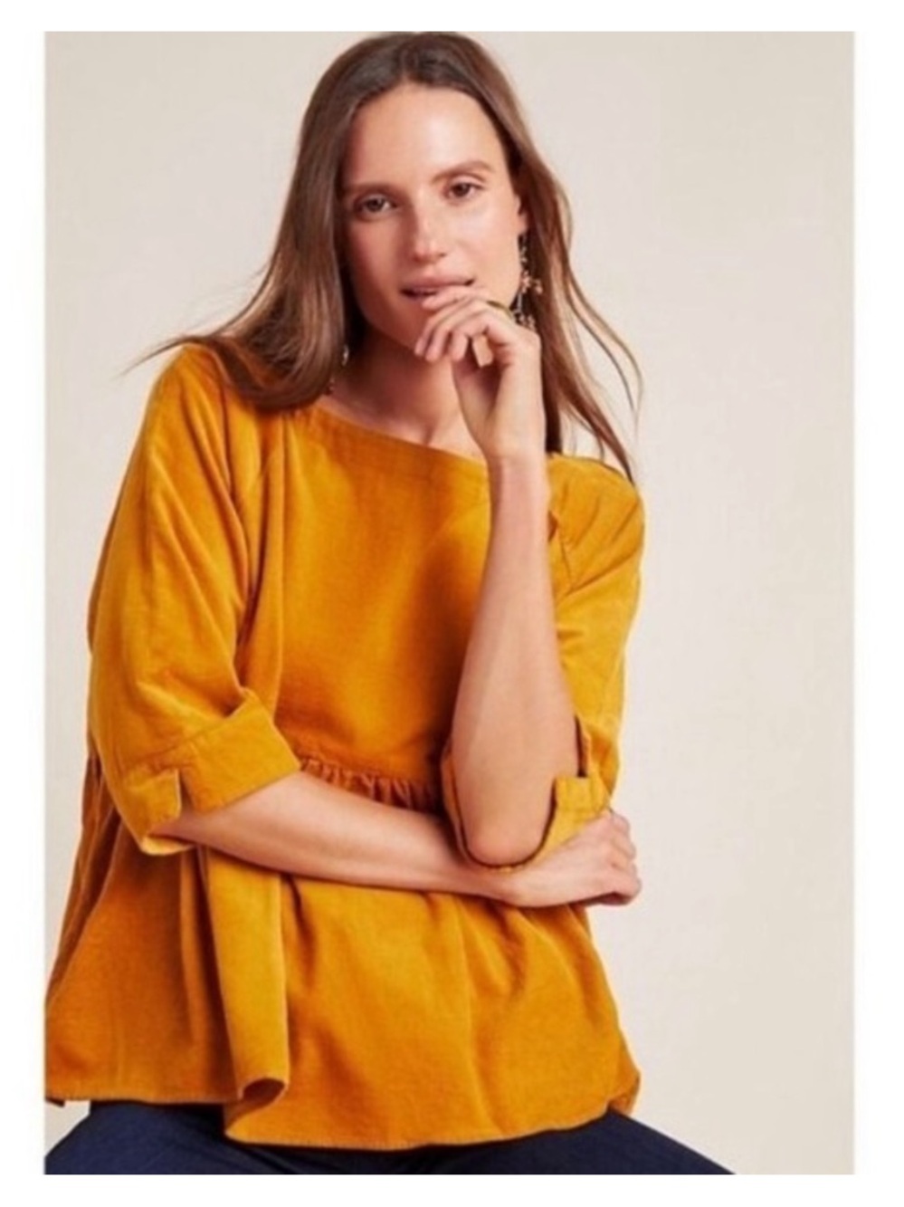 Anthropologie Mustard Roll-Tab Peasant Corduroy Top
